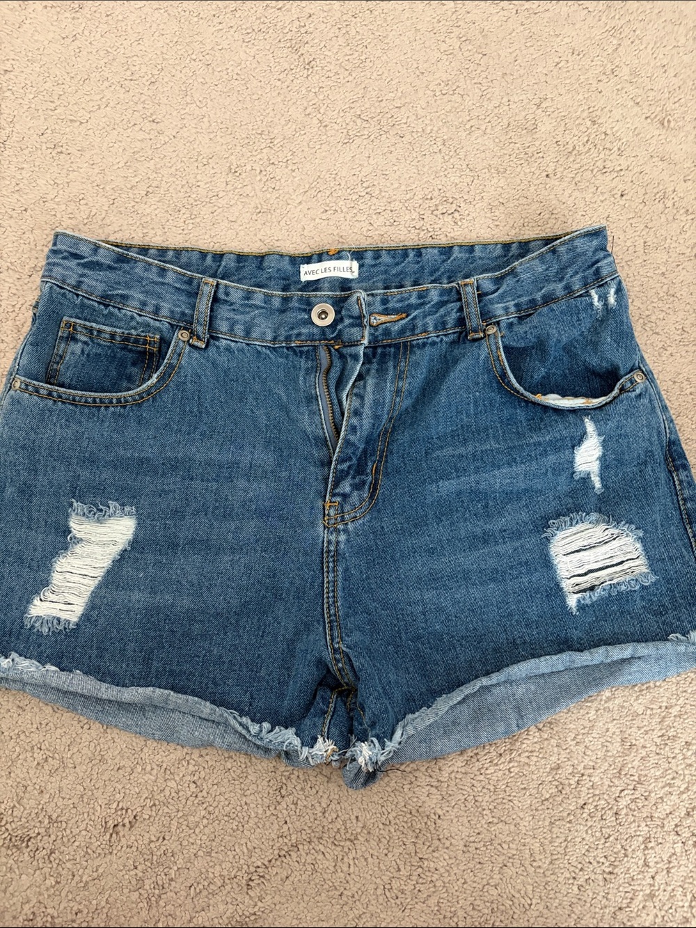 Avec Les Filles Blue Distressed Denim Jean Shorts